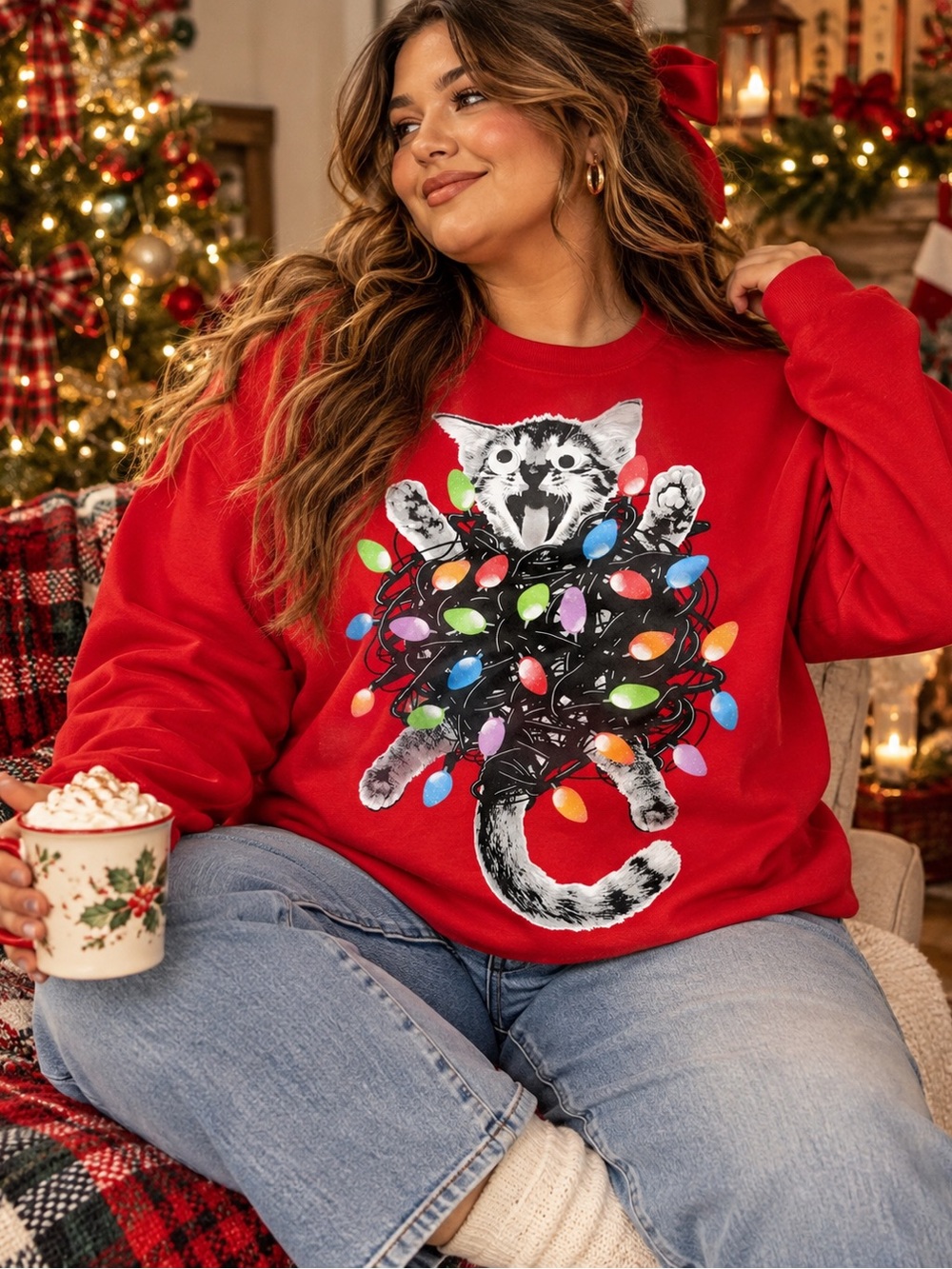 Ugly Christmas Sweater Womens 2X Cat Christmas Lights Red Plus Size Holiday
